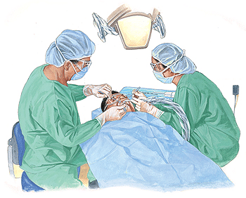 Two dental surgeons performing an implant procedure on a patient under surgical lighting.
