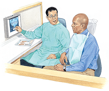 Dentist discussing orthognathic surgery treatment plan with patient in dental office.