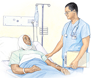 Healthcare provider assisting patient on IV drip during orthognathic surgical procedure.