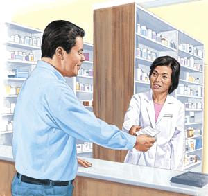 Male patient receiving TMD pain relief consultation from female pharmacist at pharmacy counter in Tullahoma.