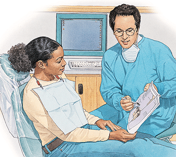 Dentist discussing wisdom teeth treatment plan with patient in clinical setting.