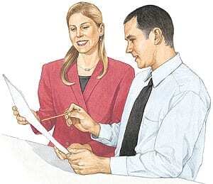 Female dentist discussing treatment options with male patient using laptop.
