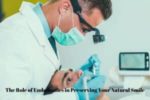 Dentist in surgical mask and headlamp performing endodontic procedure on patient in clinical setting.
